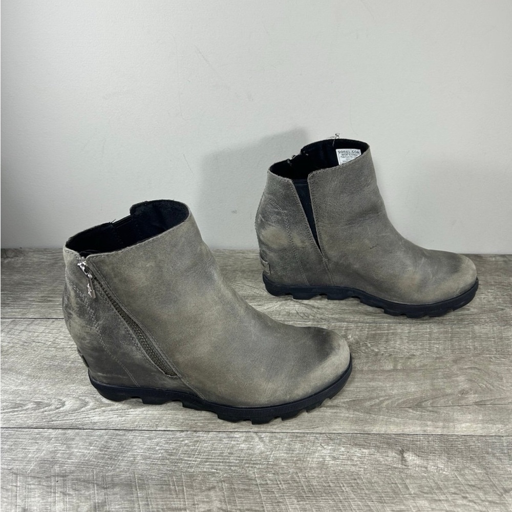 Sorel NL3364 Joan of Arctic Hidden Wedge Zipper Womens Gray Leather Boots Size 8
